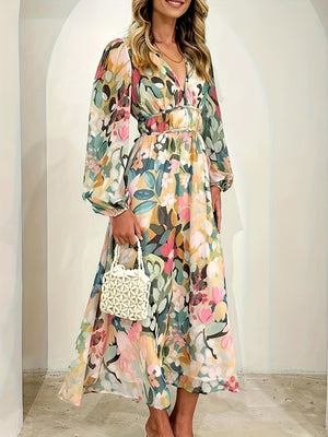 Floral print midi dress with V-neck, long sleeves, and cinched waist.