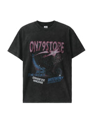 Black oversized graphic tee with cosmic print and crew neck.