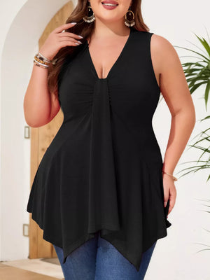 Black plus-size tank top with V-neck and ruched detail, asymmetrical hem