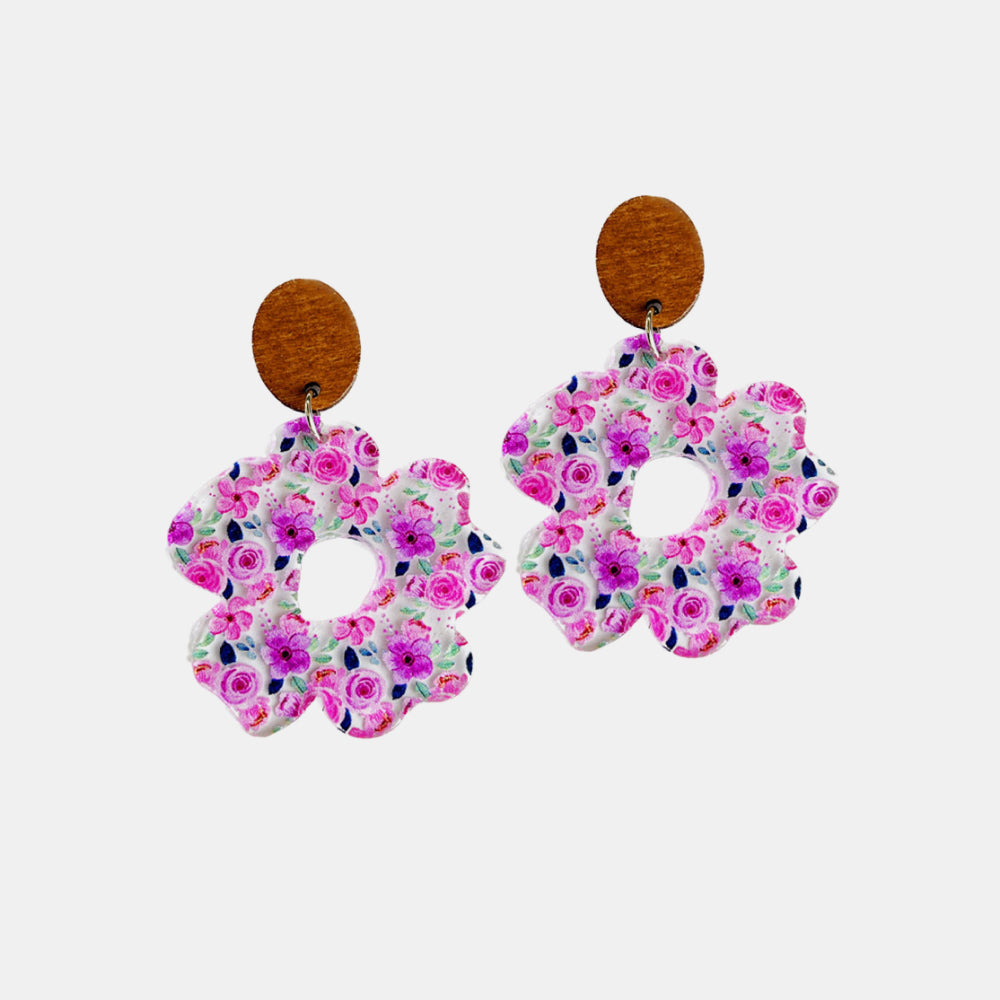 Floral acrylic bloom earrings with wood tops and pink floral pattern