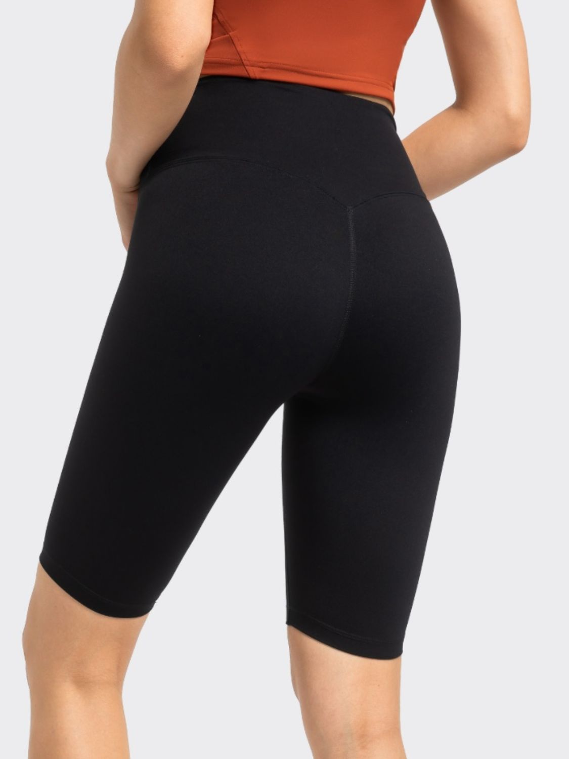 Black high-waisted bike shorts with a V-seam detail on the back.