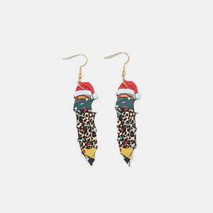 Festive pencil drop earrings with Santa hats and Christmas lights, gold alloy.