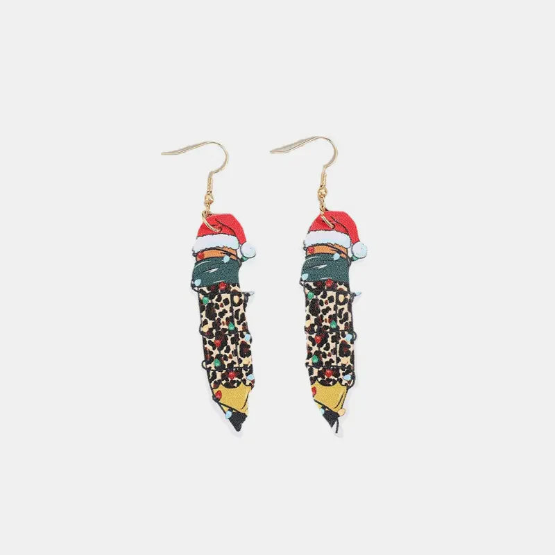 Festive pencil drop earrings with Santa hats and Christmas lights, gold alloy.