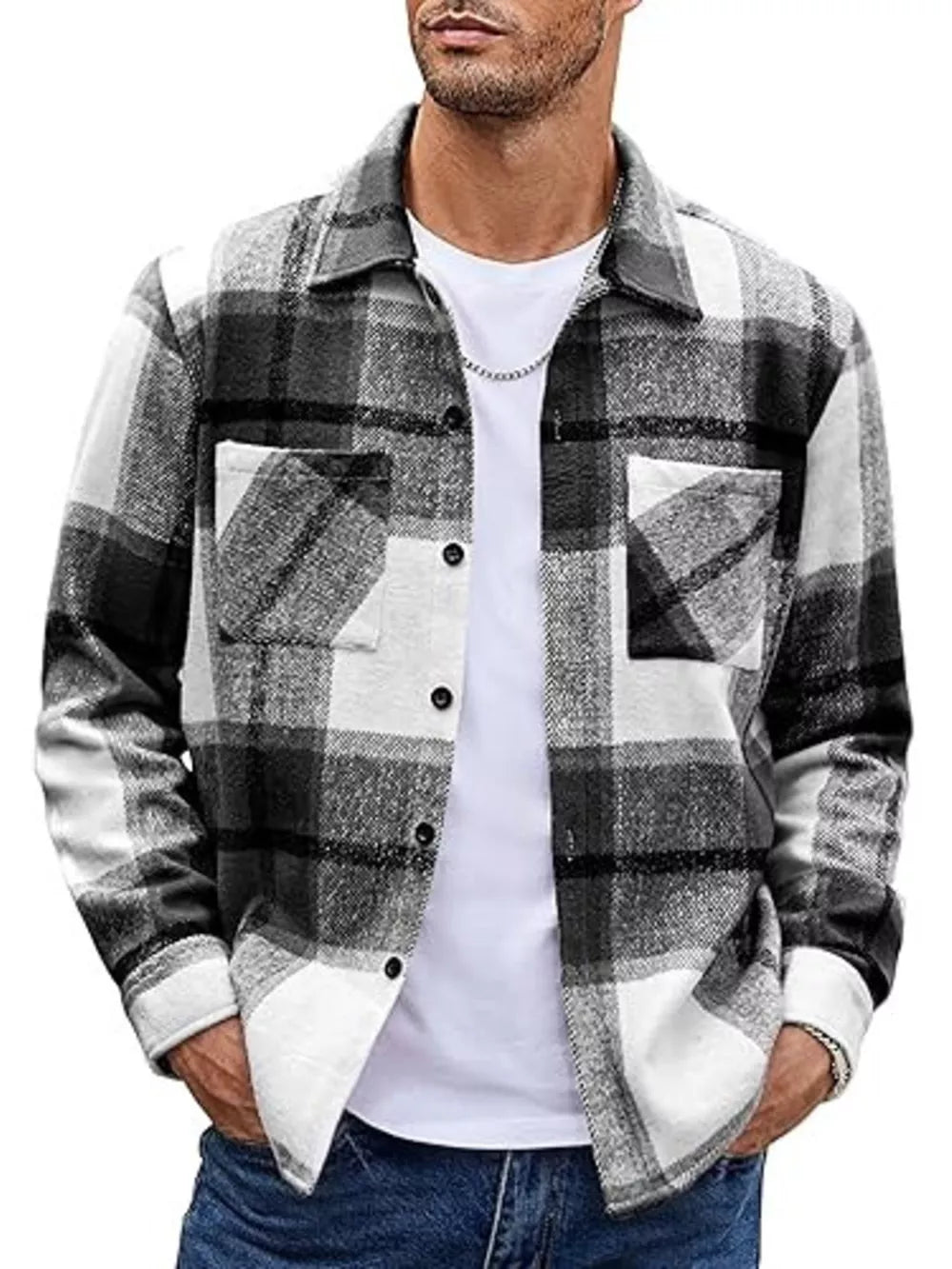 Men's black and white plaid button-up shirt with pockets, cotton casual shirt