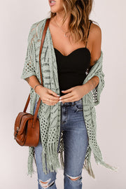 Sage open knit chevron fringe cardigan with short sleeves and a boho vibe.