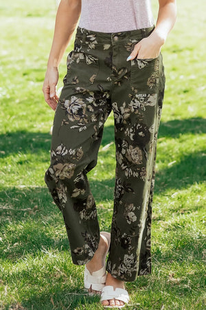 Vintage Floral Print High Waist Wide Leg Jeans, close-up detail