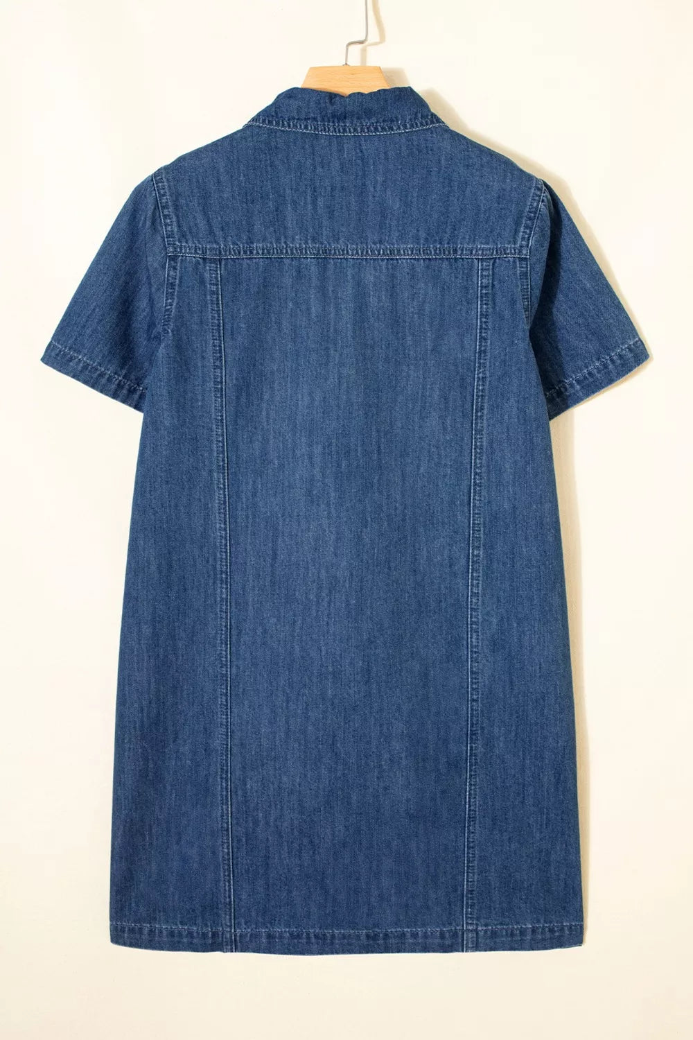 Collared denim mini shift dress with short sleeves and a straight cut.