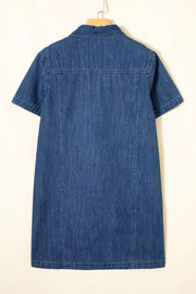 Collared denim mini shift dress with short sleeves and a straight cut.