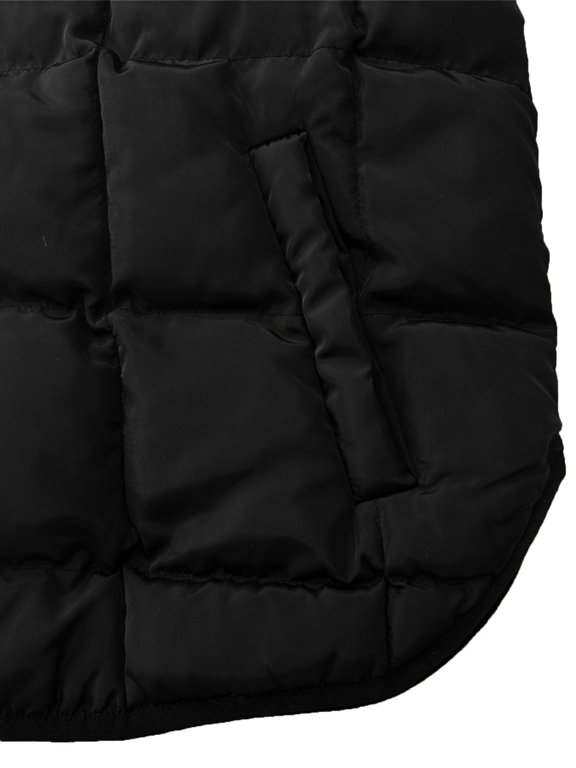Black quilted bomber jacket with stand collar and pocket detail