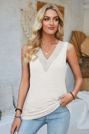 White V-neck tank top with crochet trim detail
