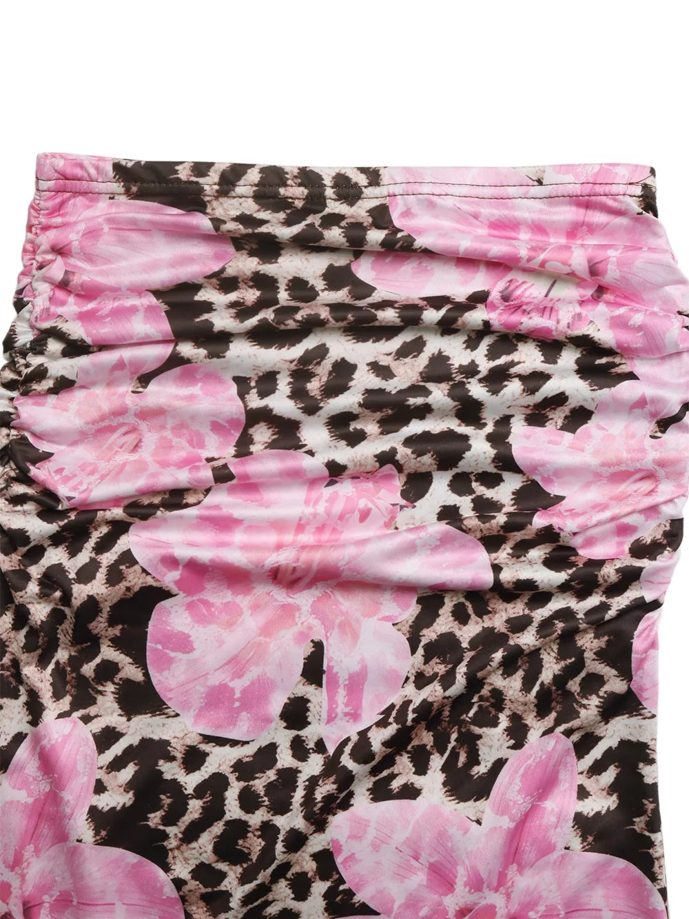 Leopard floral bodycon maxi skirt with ruched detail and pink floral print.