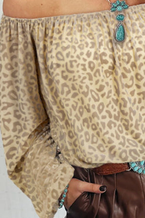 Beige leopard print bardot blouse with gathered sleeves and elasticated neckline.