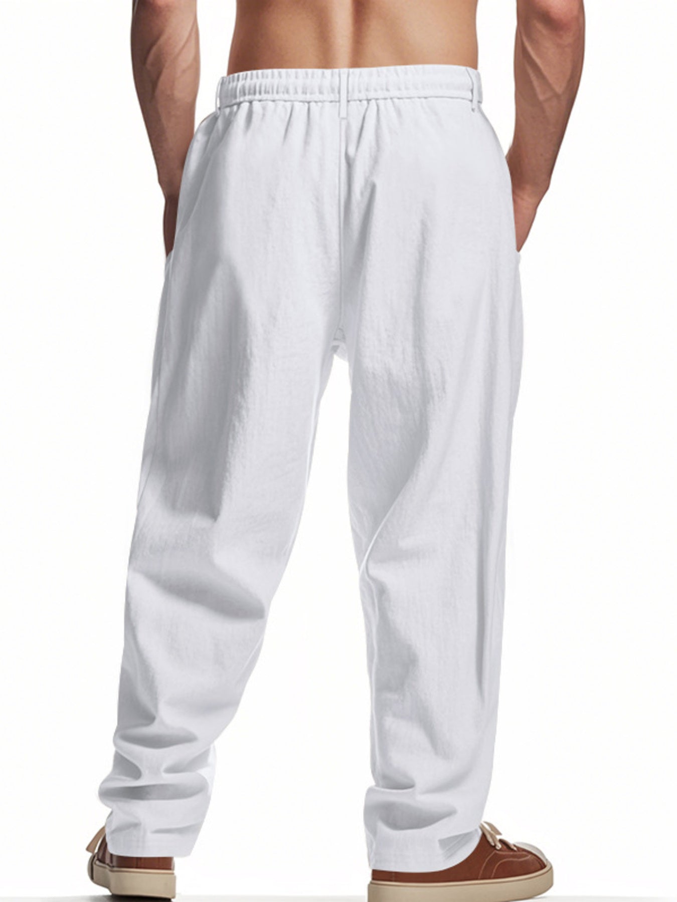 Men's white loose fit drawstring sweatpants with pockets.
