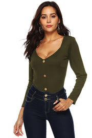 Moss ribbed button-down bodysuit with square neckline and long sleeves