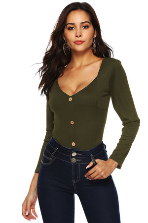 Moss ribbed button-down bodysuit with square neckline and long sleeves