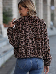 Leopard print zip-up jacket with a fuzzy texture and elasticated hem.