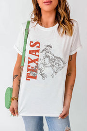 White crewneck tee with Texas rodeo graphic print and distressed lettering