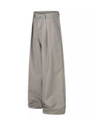 Khaki wide-leg casual pants with belt loops and pleats.