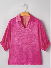 Lustrous collared V-neck maternity shirt in deep rose, 100% polyester, with cinched cuffs.