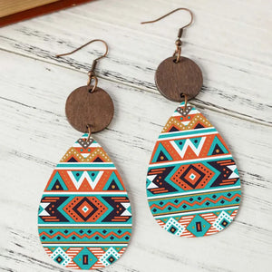 Geometric print wooden dangle earrings with multicolor boho pattern