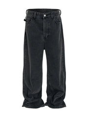 Baggy dark wash denim jeans with a sculpted hemline and casual fit.