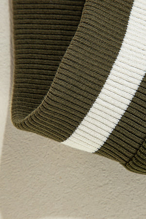 Moss corduroy varsity jacket detail with white stripe rib knit trim