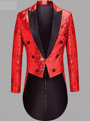 Men's red sequin double-breasted tailcoat blazer with black lapels and buttons.