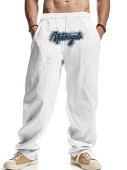 White drawstring sweatpants with a blue and orange "Motorcycle" graphic on the left thigh.