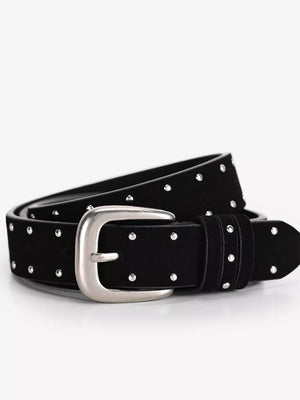 Black cowhide studded belt with silver buckle
