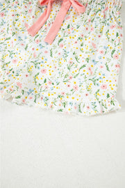 Floral print pajama shorts with ruffle hem and pink bow detail