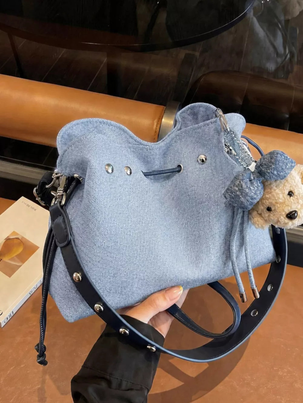 Bucket Crossbody Bag in Blue, back view