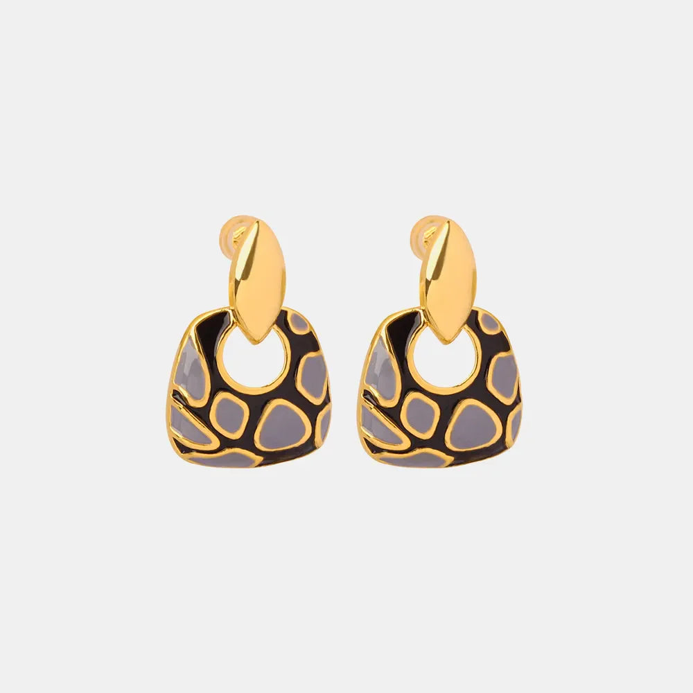Geometric enamel drop earrings with black and grey abstract pattern.