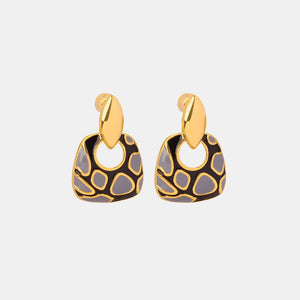 Geometric enamel drop earrings with black and grey abstract pattern.