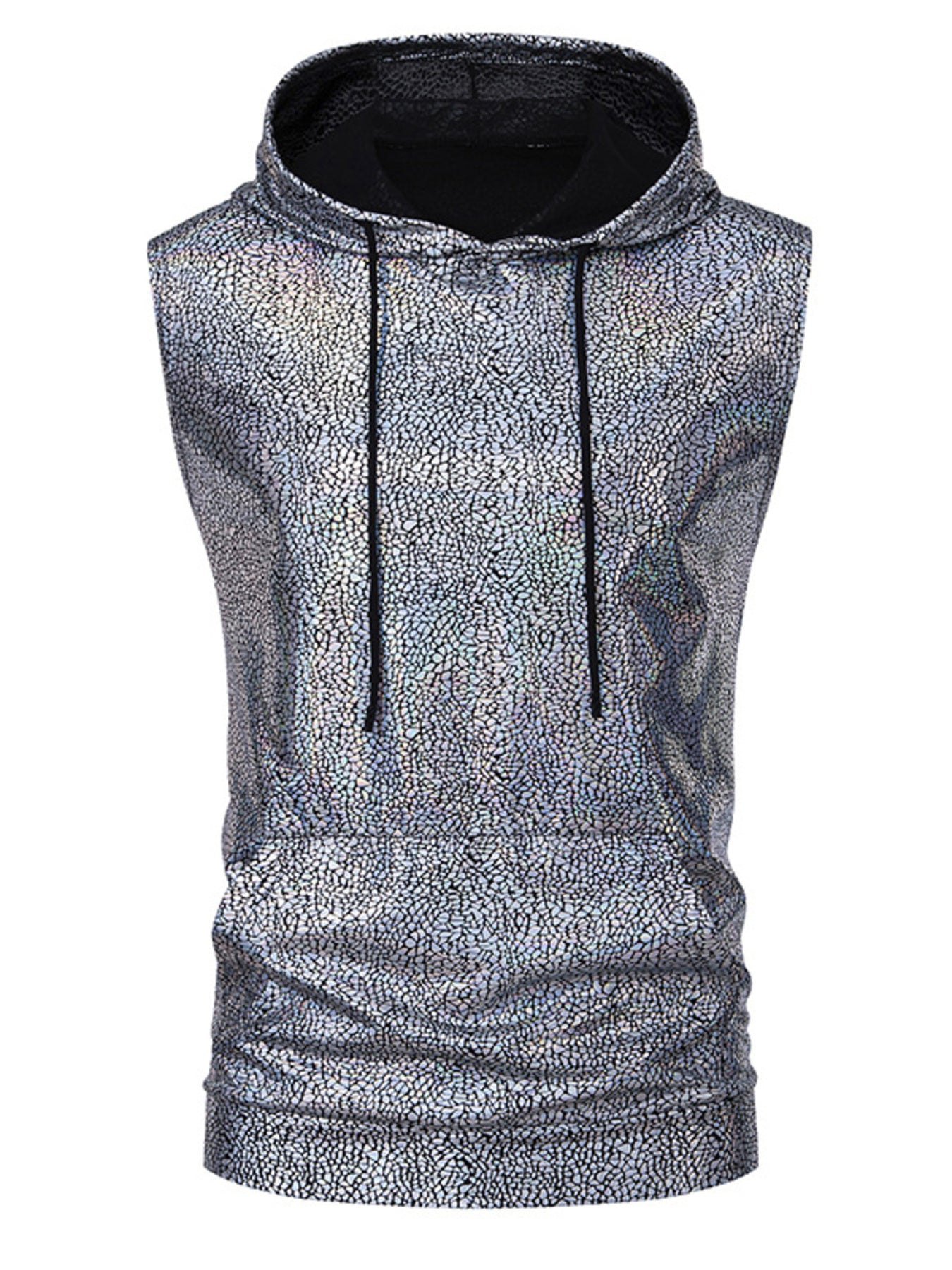 Iridescent silver sleeveless hooded tank top with black drawstring and cracked pattern.