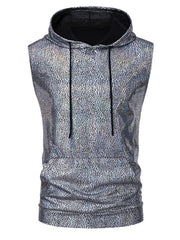 Iridescent silver sleeveless hooded tank top with black drawstring and cracked pattern.