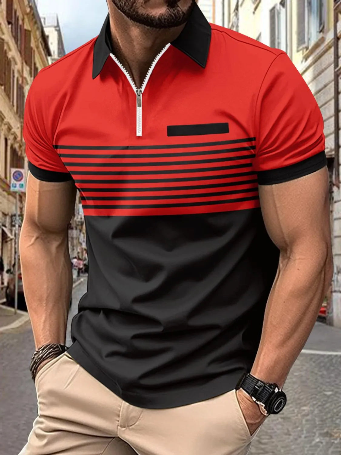 Colorblock zip polo shirt with horizontal black stripes on red, black sleeves and lower half.