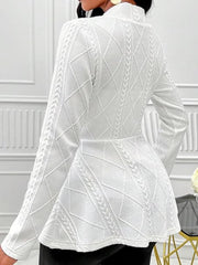 White textured knit peplum blazer with cable knit diamond pattern and long sleeves.