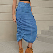 Denim midi cargo skirt with adjustable ruching and pockets