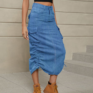 Denim midi cargo skirt with adjustable ruching and pockets