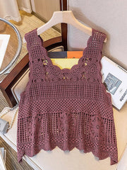 Deep purple crochet tank top with floral overlay and scalloped neckline.