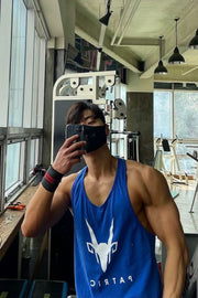 Royal blue performance tank top with white graphic logo and text detail
