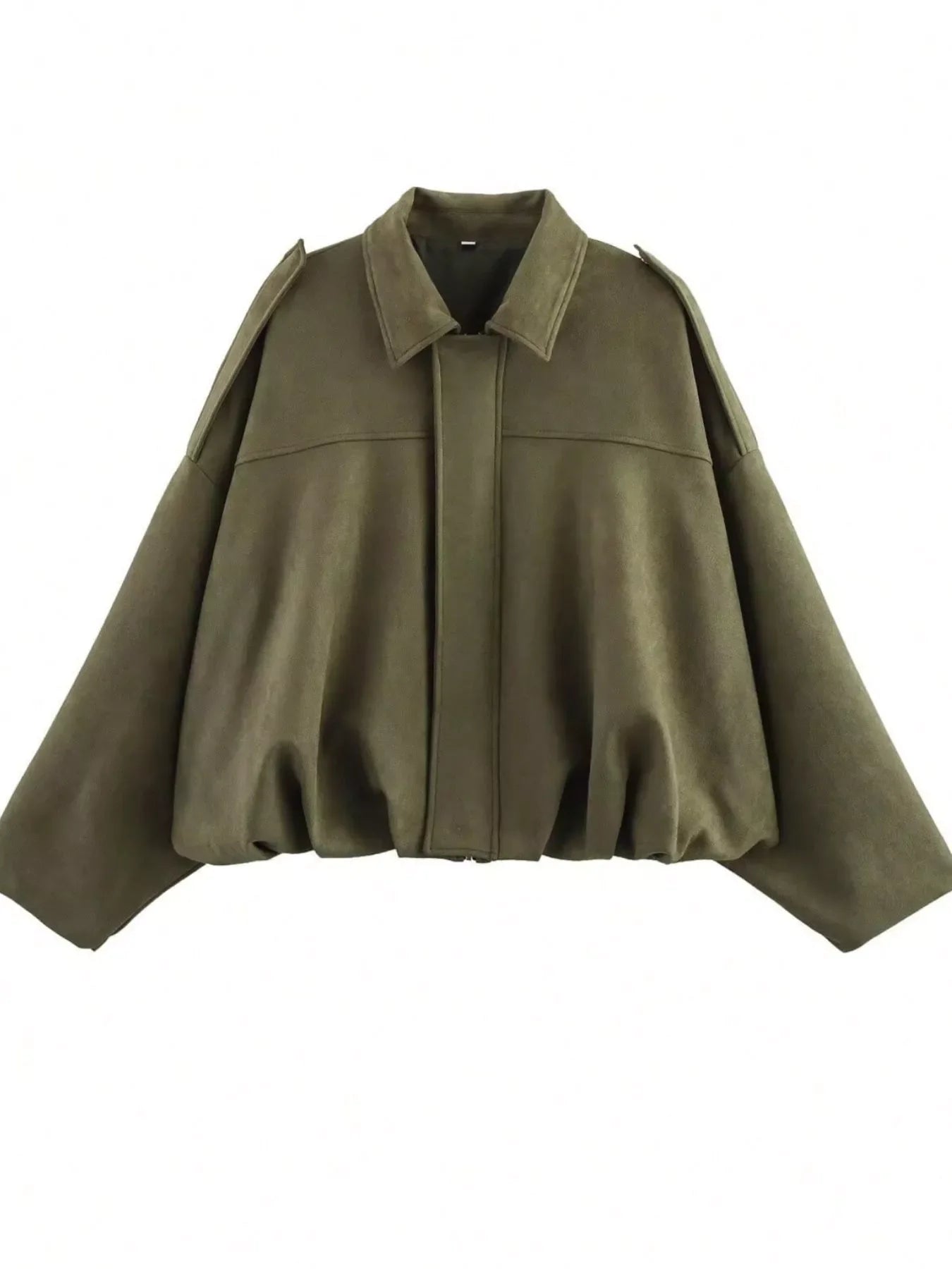 Oversized military green zip-up jacket with a collar and dropped shoulders.