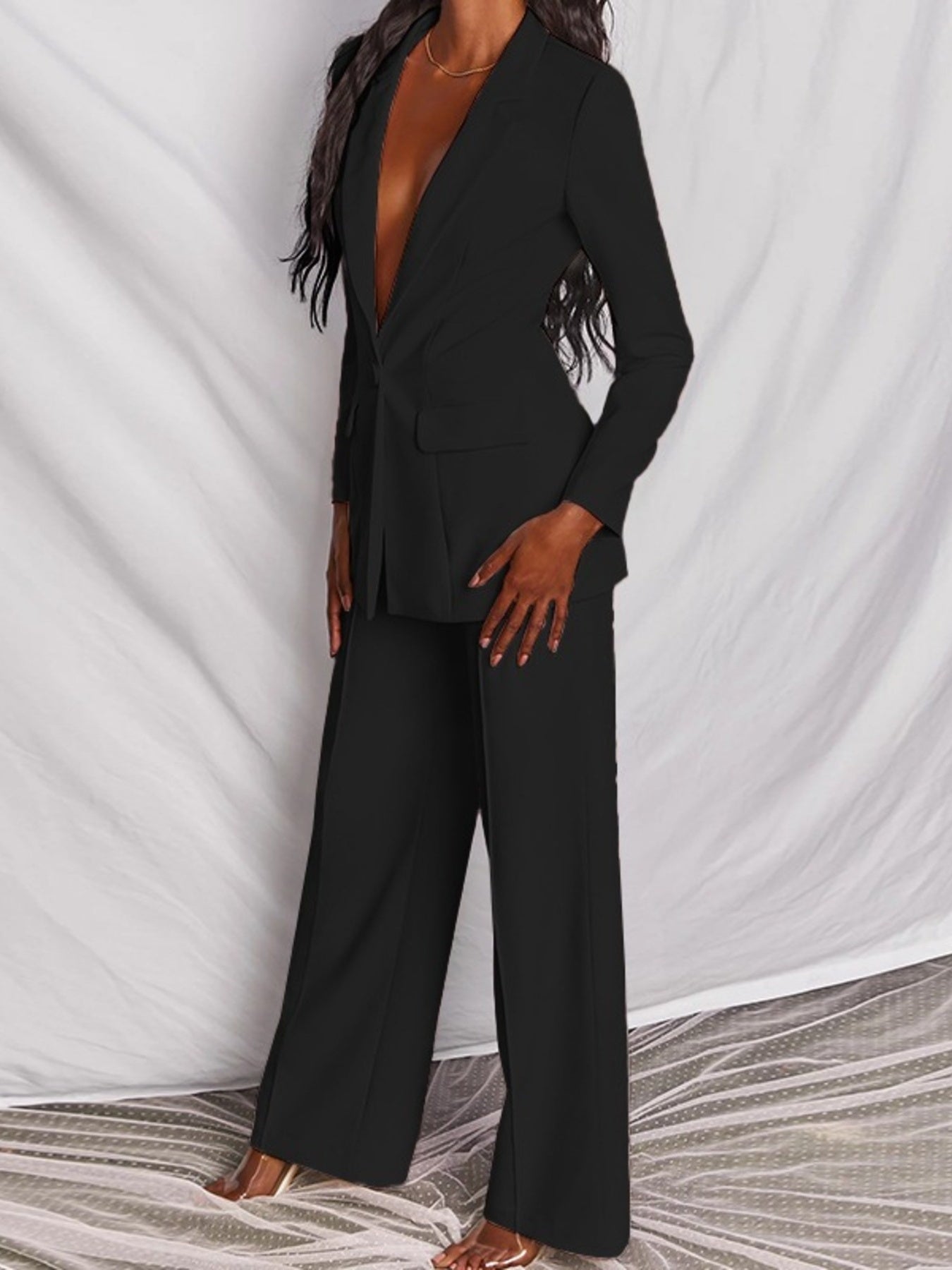 One Button Blazer And Wide-leg Pants Set Plus Size in Brown, alternate angle