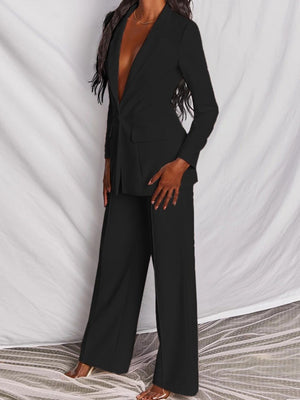 One Button Blazer And Wide-leg Pants Set Plus Size in Brown, alternate angle