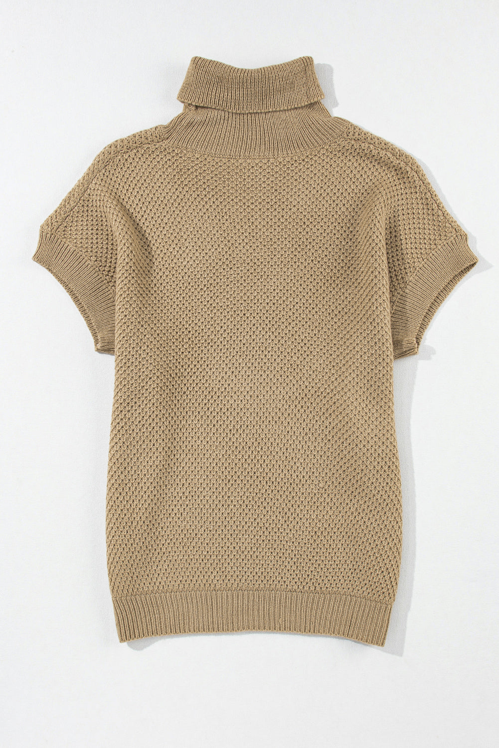 Khaki textured knit turtleneck cap sleeve sweater top