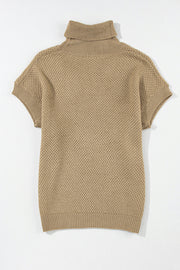 Khaki textured knit turtleneck cap sleeve sweater top
