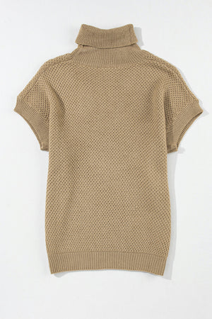 Khaki textured knit turtleneck cap sleeve sweater top