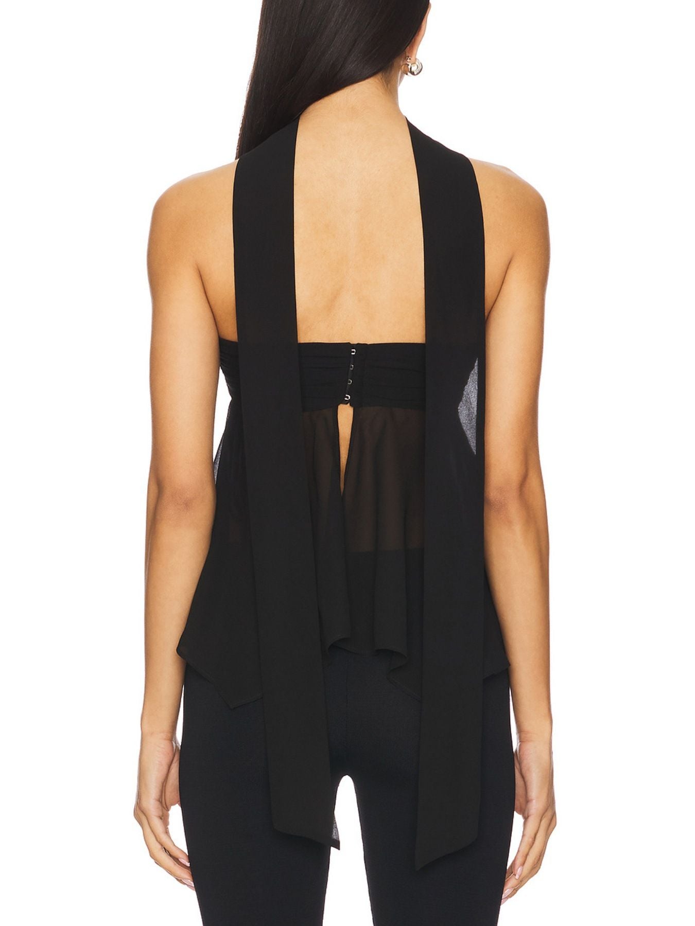 Black asymmetrical sheer top with elegant scarf detail and hook-and-eye closure.