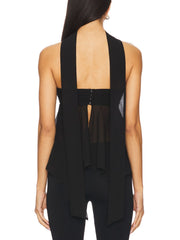 Black asymmetrical sheer top with elegant scarf detail and hook-and-eye closure.