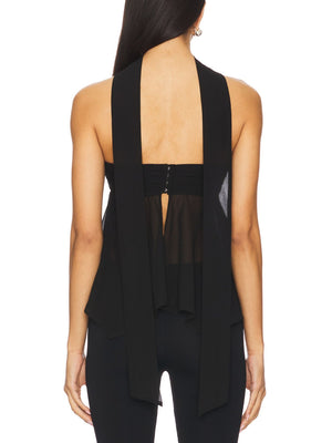 Black asymmetrical sheer top with elegant scarf detail and hook-and-eye closure.